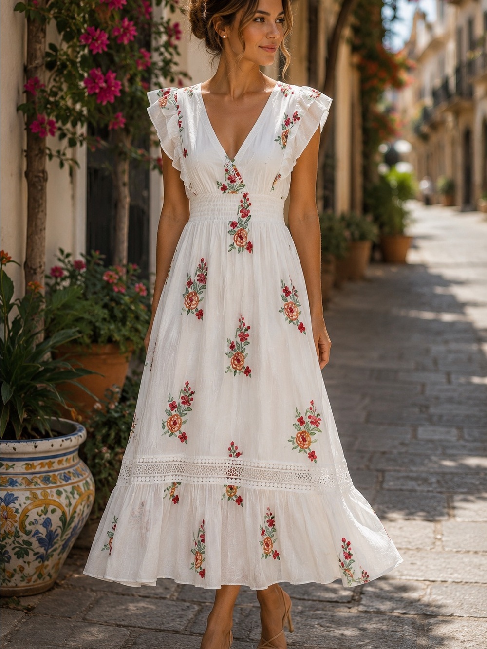 J Gee White Floral Embroidered Boho Maxi Dress | Lace Detail | Romantic